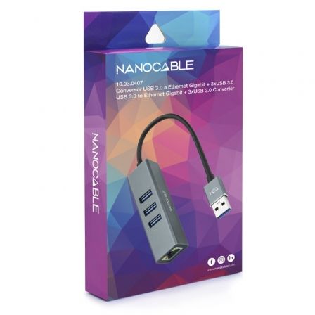 Nanocable Conversor USB 3.0 a Ethernet Gigabit + 3xUSB 3.0, Aluminio, Gris Nanocable Conversor USB 3.0 a Ethernet Gigabit + 3xUSB 3.0, Aluminio, Gris